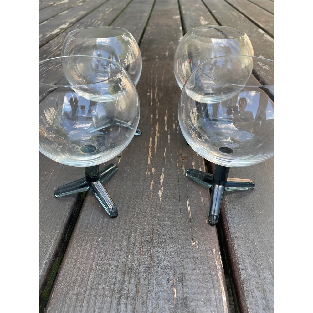 Vintage MCM Tripod Base Brandy Snifters Clear Glass Smoke Gray Stem Set of 4